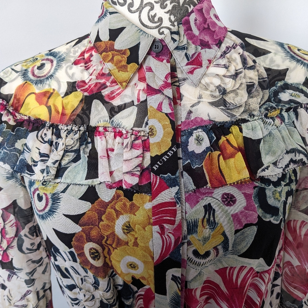 Burberry Floral Silk Georgette Frill Detail Long Sleeve Dress